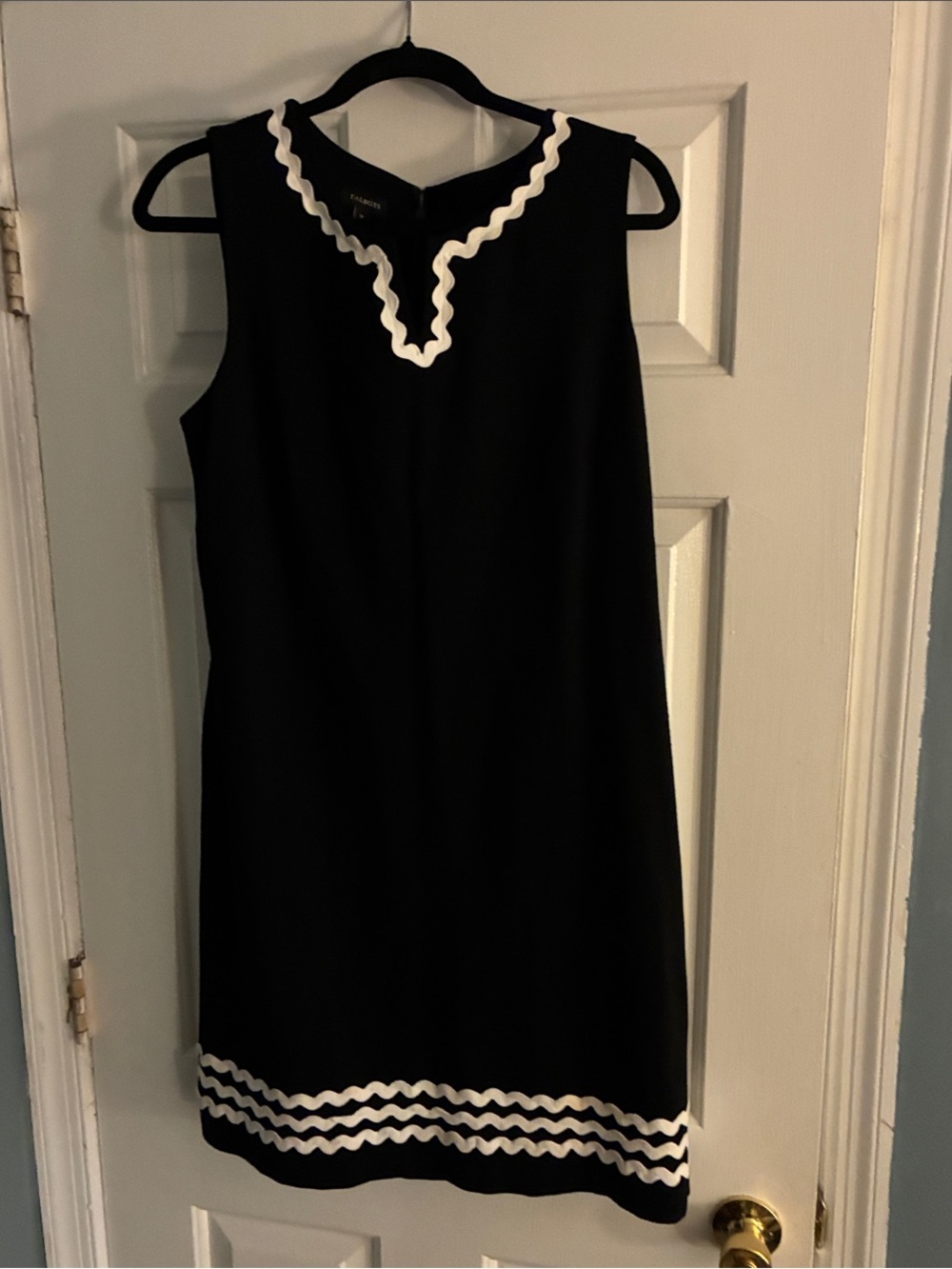 Talbots Black Sleeveless Shift Dress with White Rickrack Trim